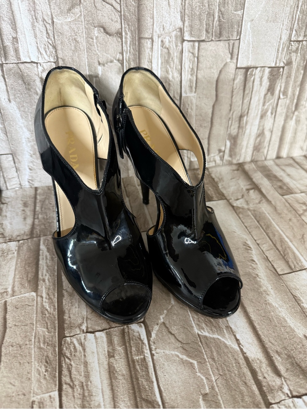 Prada Black Patent Peep-Toe Cutout High Heels
